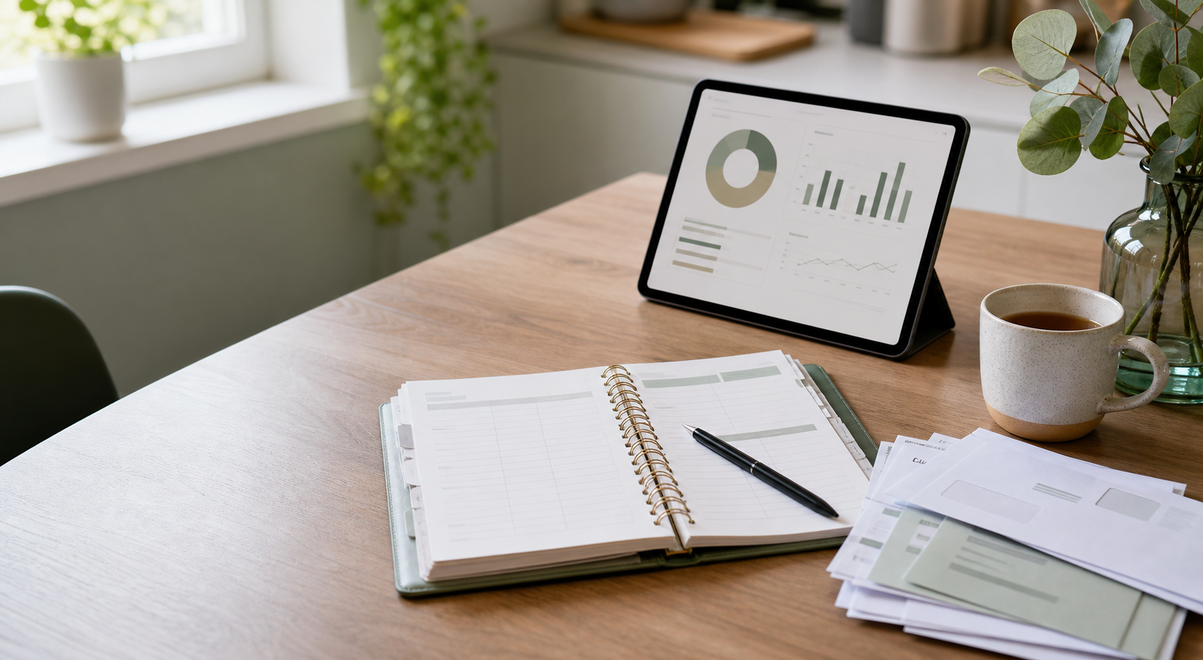 A tidy desk with budgeting notes and a tablet showing simple charts